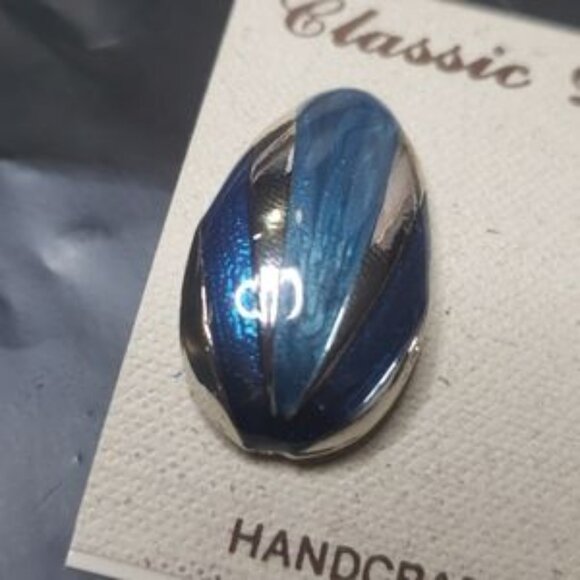 Classic Design Clip On Earrings, Blue Enamel/Silver Tone, Handcrafted U.S.A - Picture 2 of 4